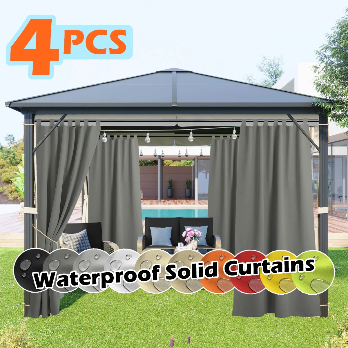 4-panel waterproof outdoor curtains in gray with tab-top design for pergola or gazebo