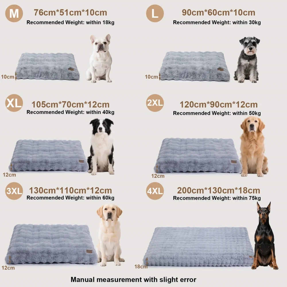 Ultra Plush Dog Bed by S And B Enterprise in gray plush fabric, six sizes shown from M to 4XL.