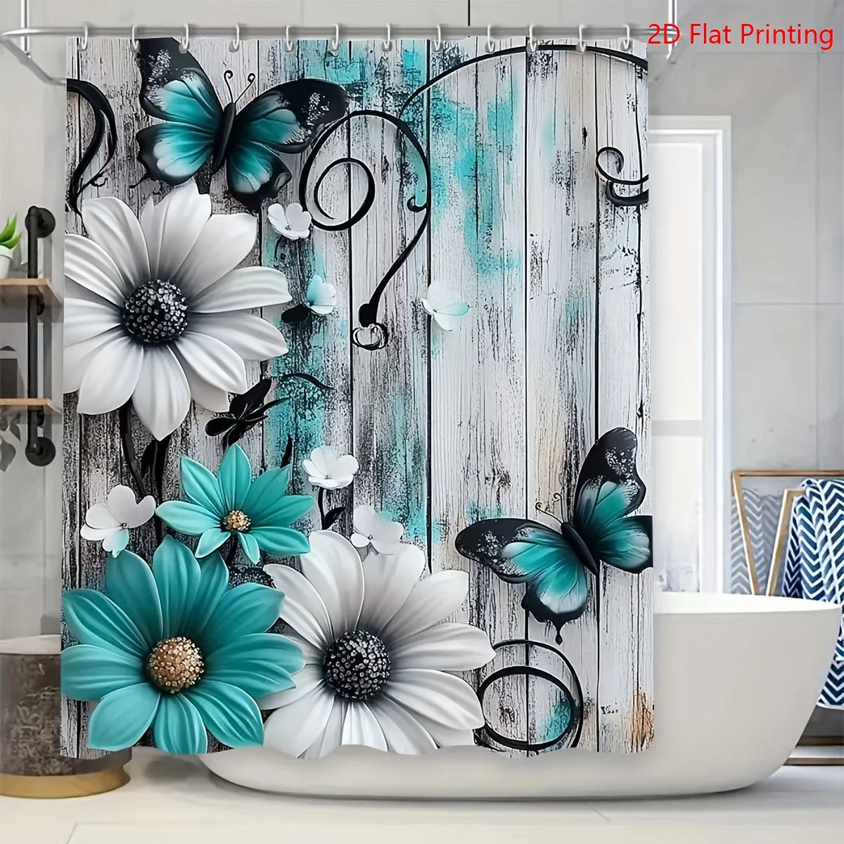1or4 Piece Teal and White Floral Butterfly Shower Curtain Set - Modern Bathroom Decor - Washable Fabric Curtain - Rugs and Cover by S And B Enterprise
