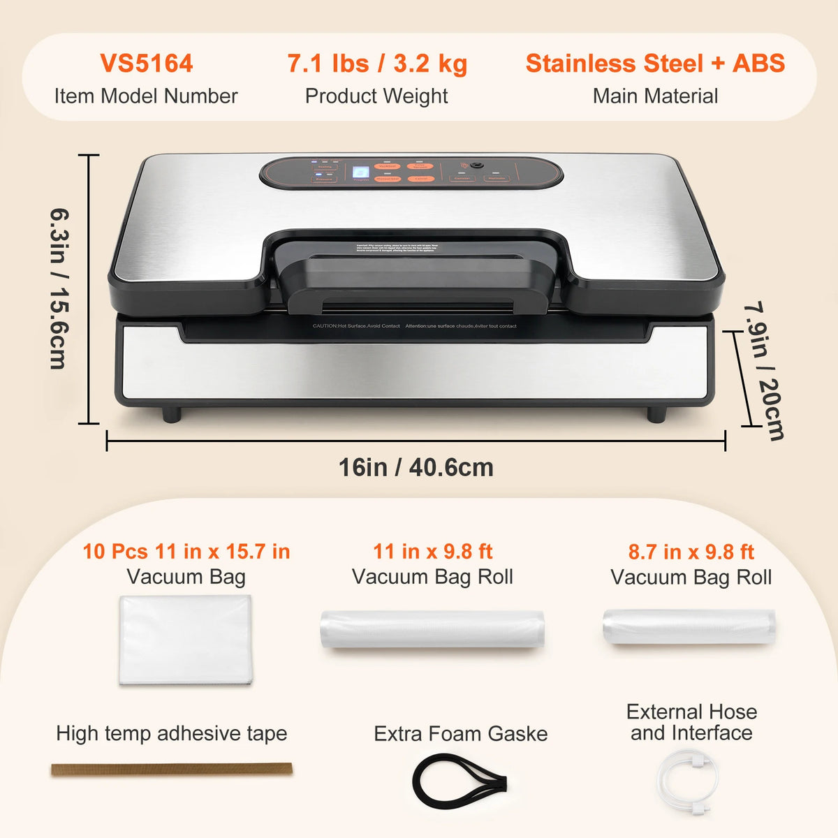 Vacuum sealer VS5164 with stainless steel top, black base, orange control panel, includes 10 vacuum bags.