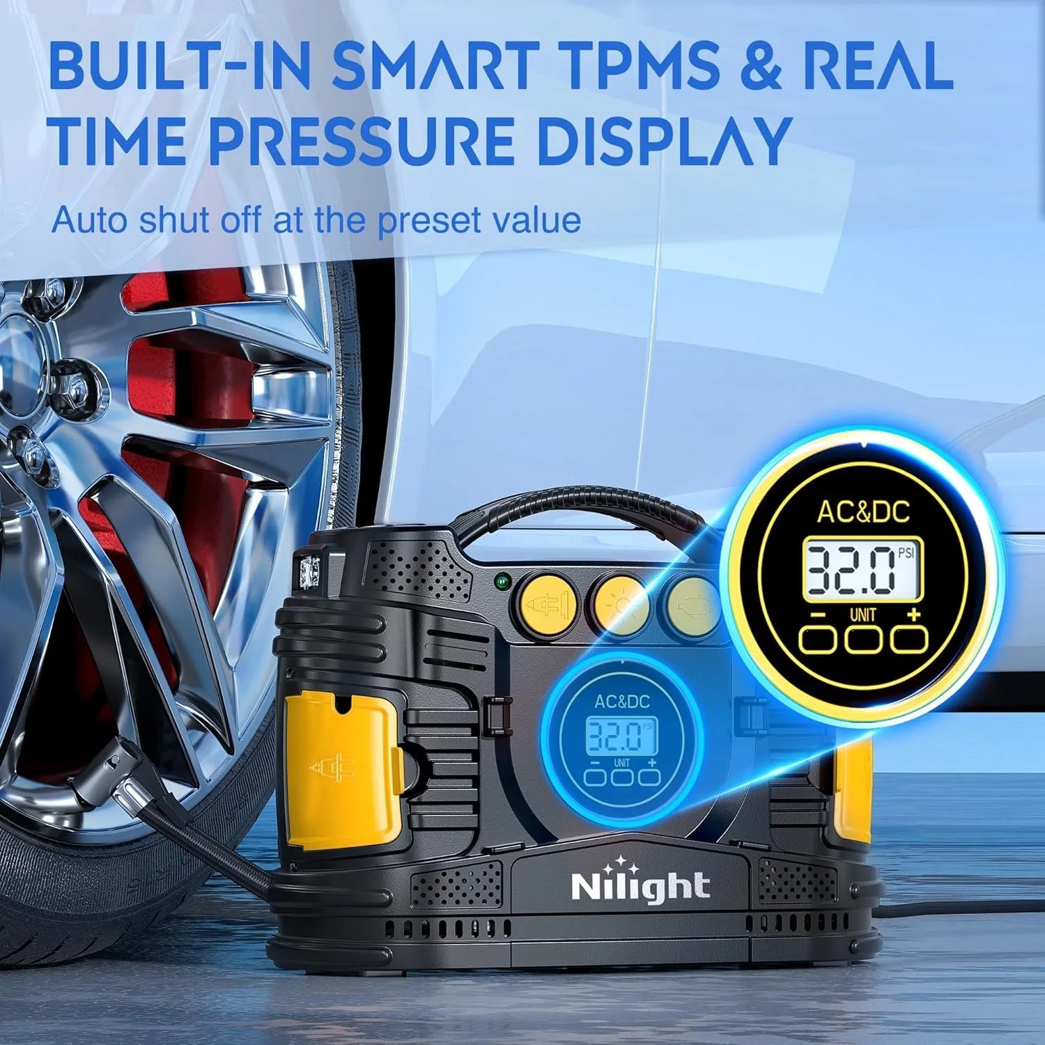 Nilight portable tire inflator air compressor with dual 12V DC and 110V AC power, auto shutoff, built-in pressure gauge
