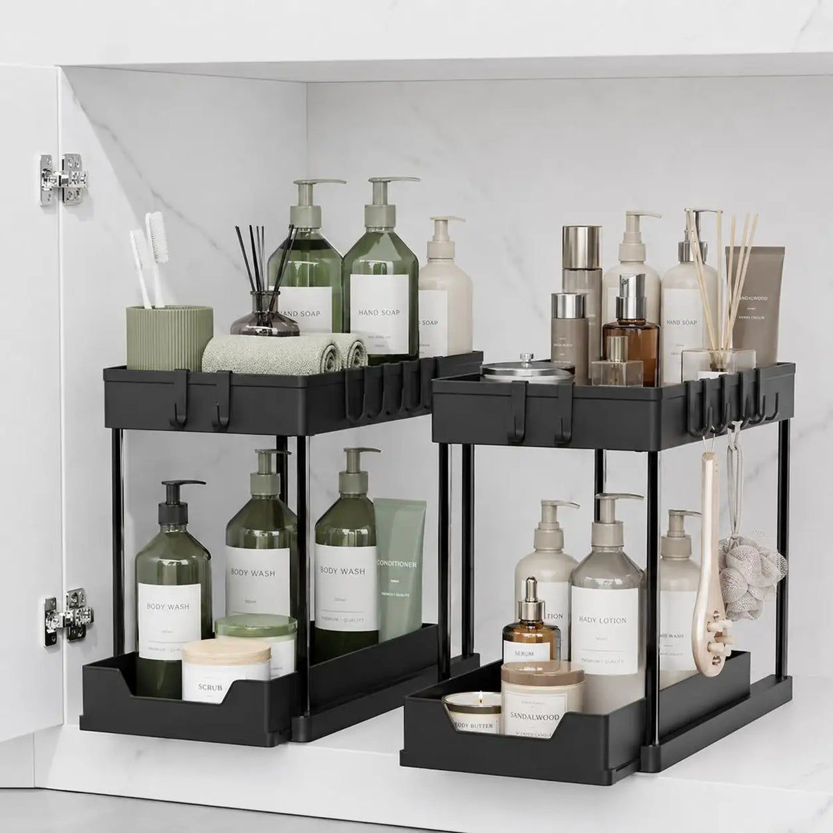 2-tier under-sink organizer by S And B Enterprise with 5 side hooks and 3 detachable baskets in black rustproof metal