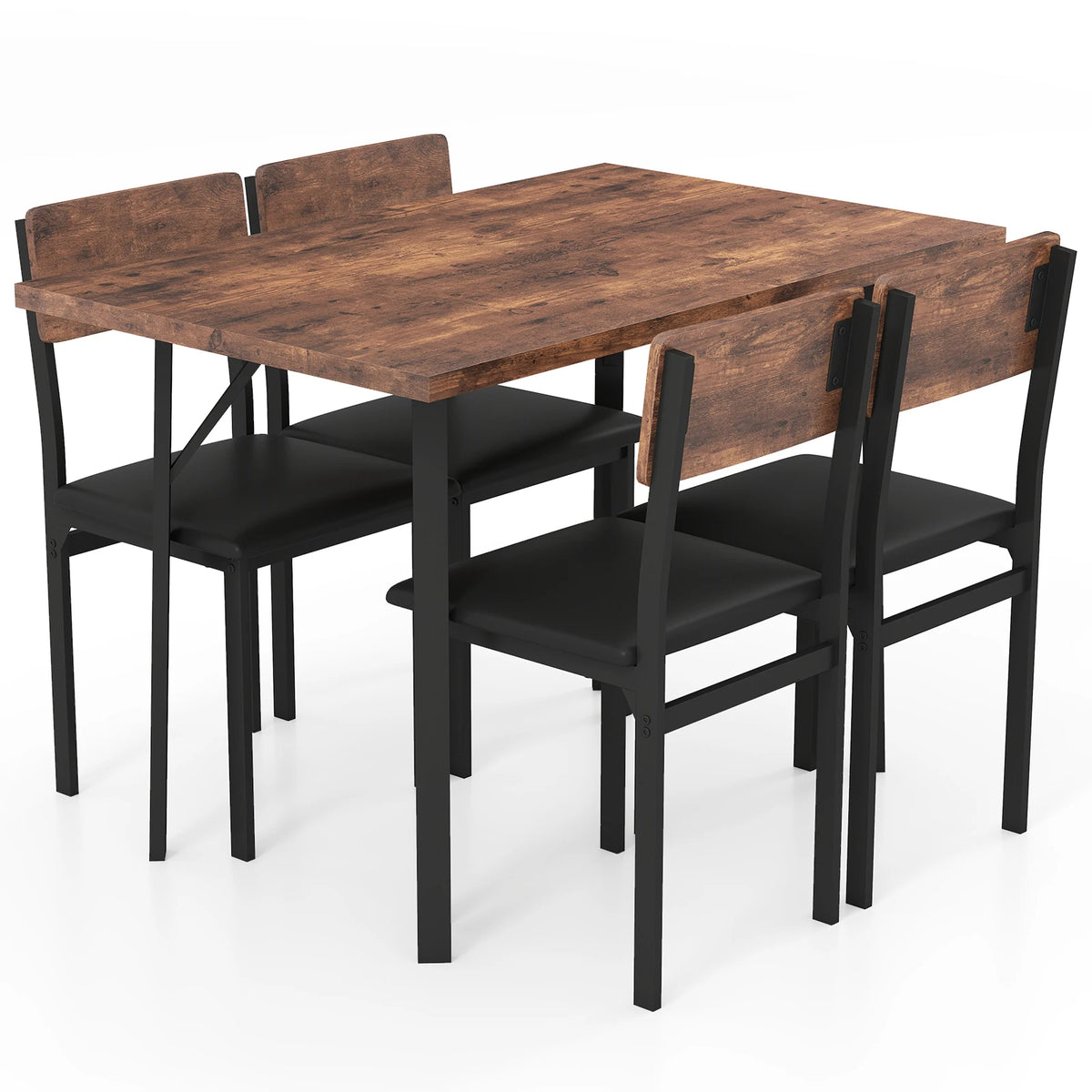 5-piece dining set for four with a round wood-top table and four wooden-back chairs on black metal legs.