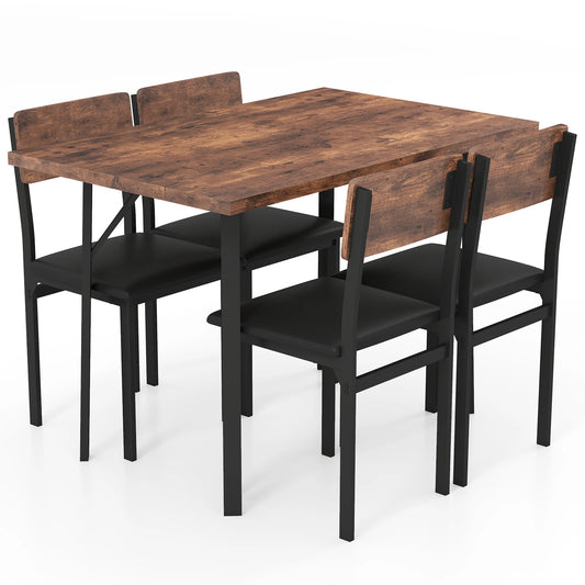 5-piece dining set for four with a round wood-top table and four wooden-back chairs on black metal legs.
