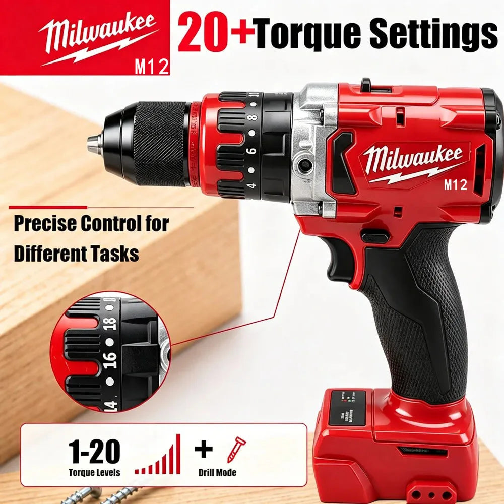 Milwaukee M12 cordless drill/driver with red body, black grip, 13mm keyless chuck and Li‑ion battery; 20+ torque settings.