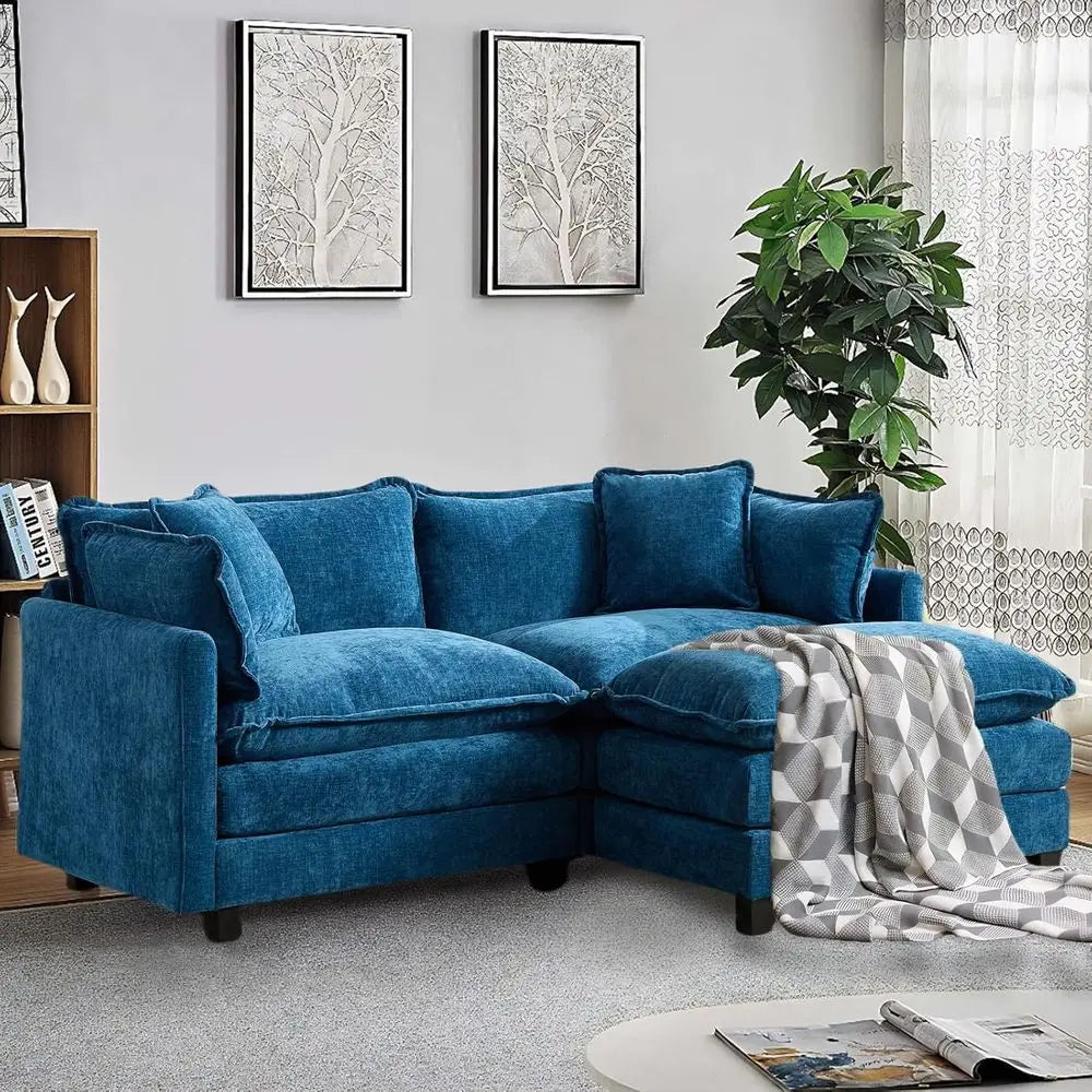 Luxe 77.95 L-Shaped Comfortable Sectional Sofa with Ottoman, 2-Seat Deep Seating Living Room Set, Blue by S And B Enterprise