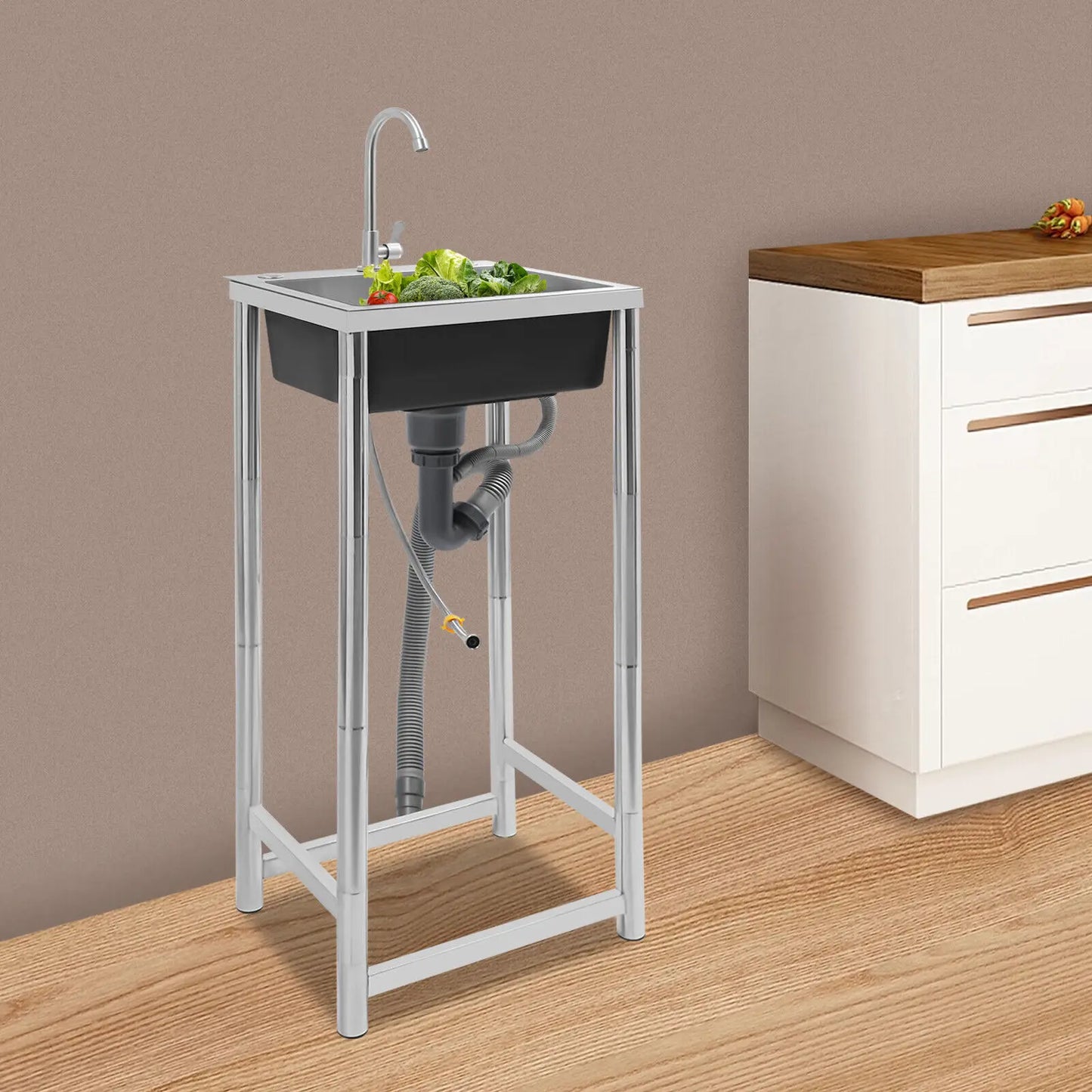 Stainless steel freestanding utility sink with curved faucet; single bowl, 50kg capacity.