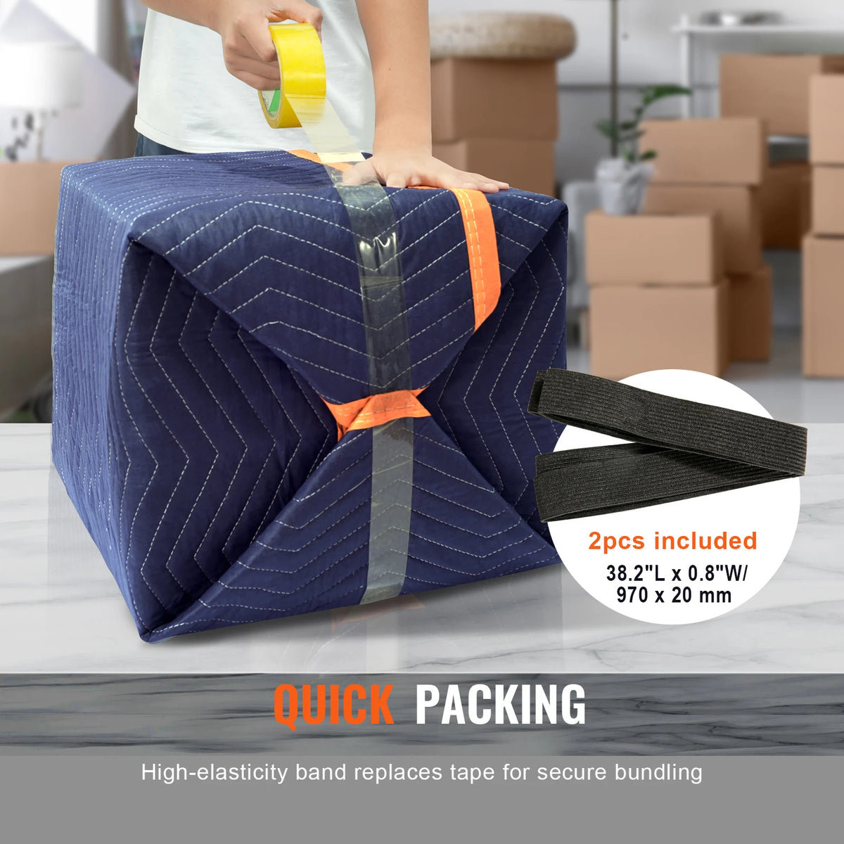 Moving blanket, blue quilted with orange strap and gray binding; includes two black straps
