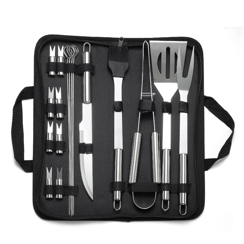 Stainless steel BBQ grill utensil set in a black zippered case by S And B Enterprise.