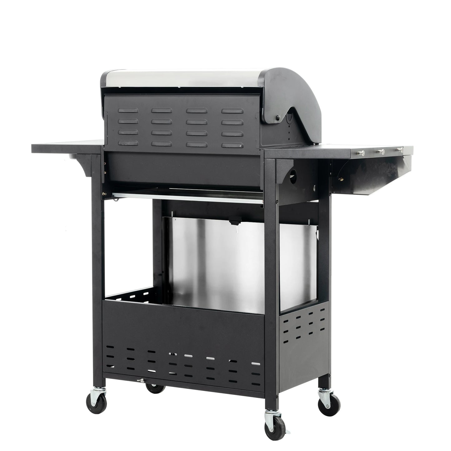 4-burner stainless steel gas grill with side burner by S And B Enterprise on a wheeled freestanding cart