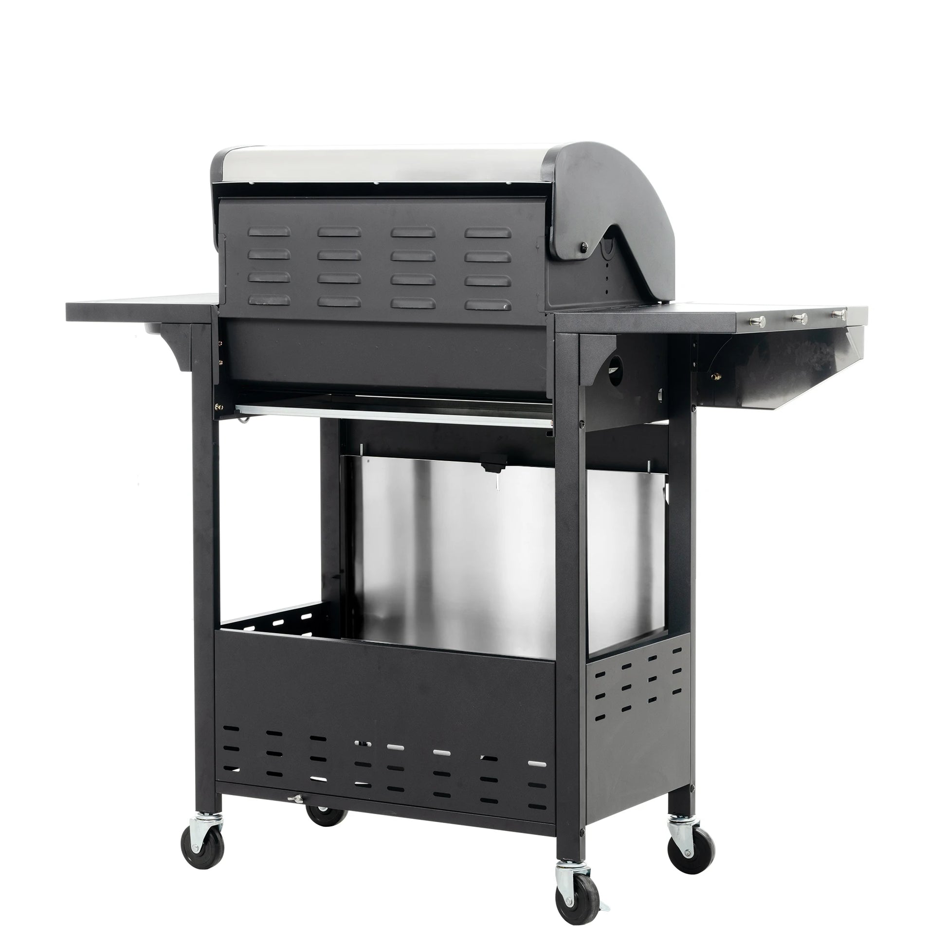 4-burner stainless steel gas grill with side burner by S And B Enterprise on a wheeled freestanding cart