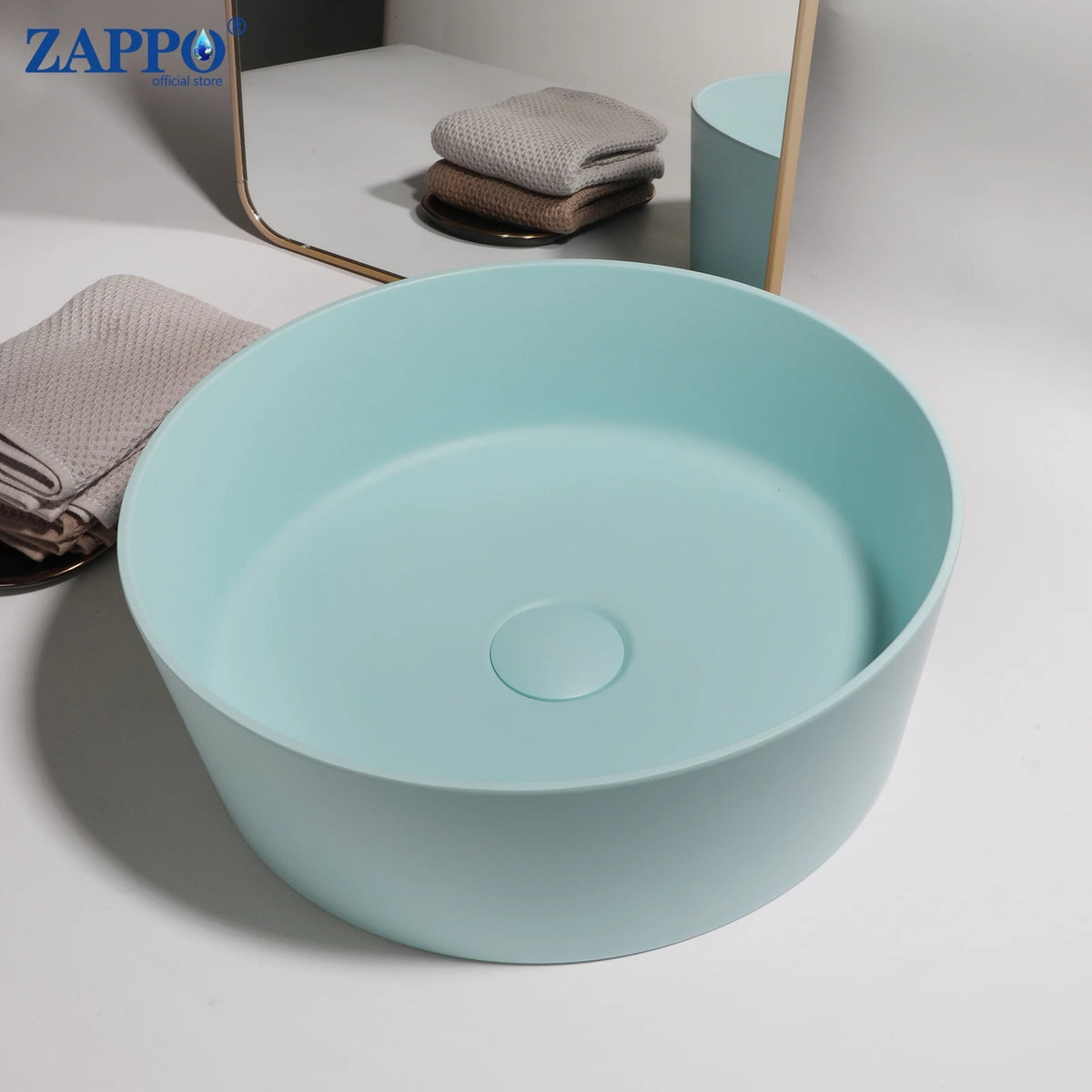 ZAPPO bathroom vessel sink, light blue round stone-resin washbasin with drain (No faucet).