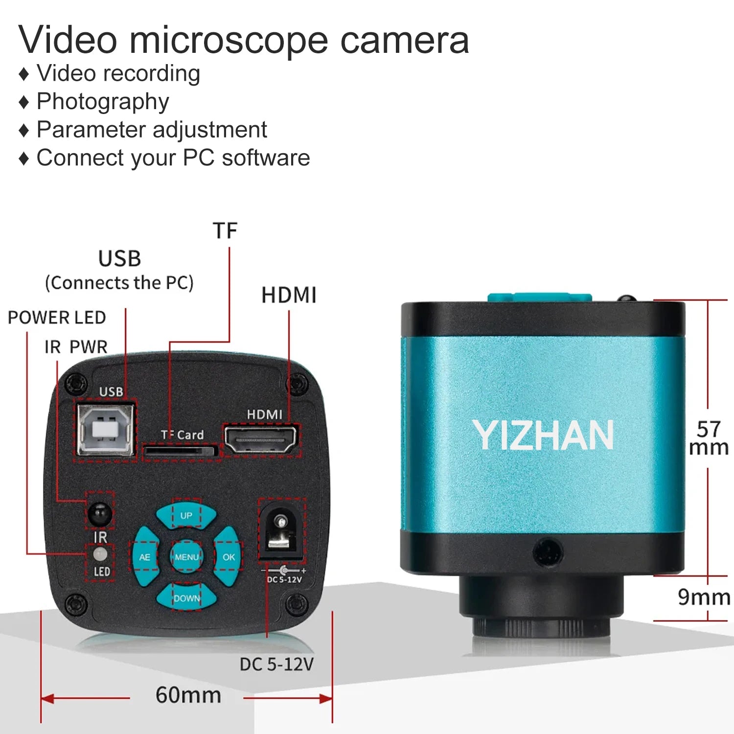 YIZHAN 48MP soldering microscope with 4K HDMI camera, USB software compatibility, turquoise body and stand