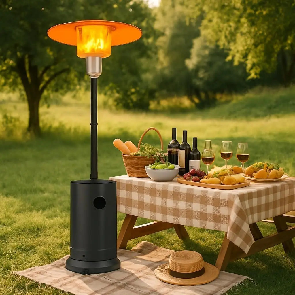 Outdoor heat lamp on wheels by S And B Enterprise; stainless steel heater with orange flame beside a picnic table.