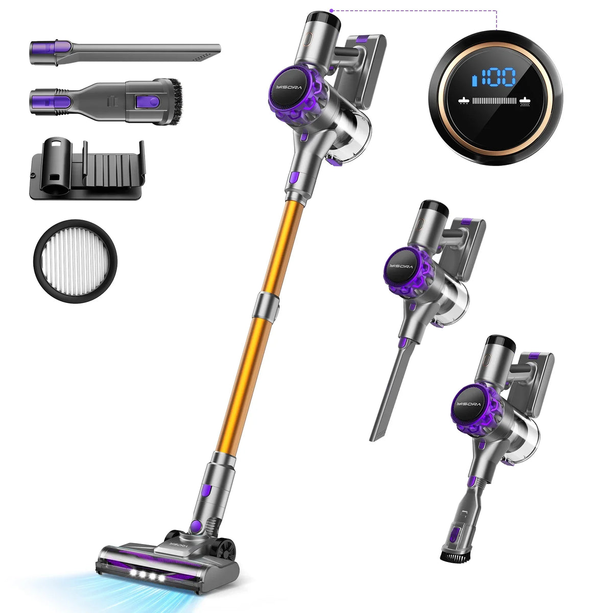 INSE S3P cordless vacuum cleaner with LED display, purple accents, detachable handheld and wand with attachments