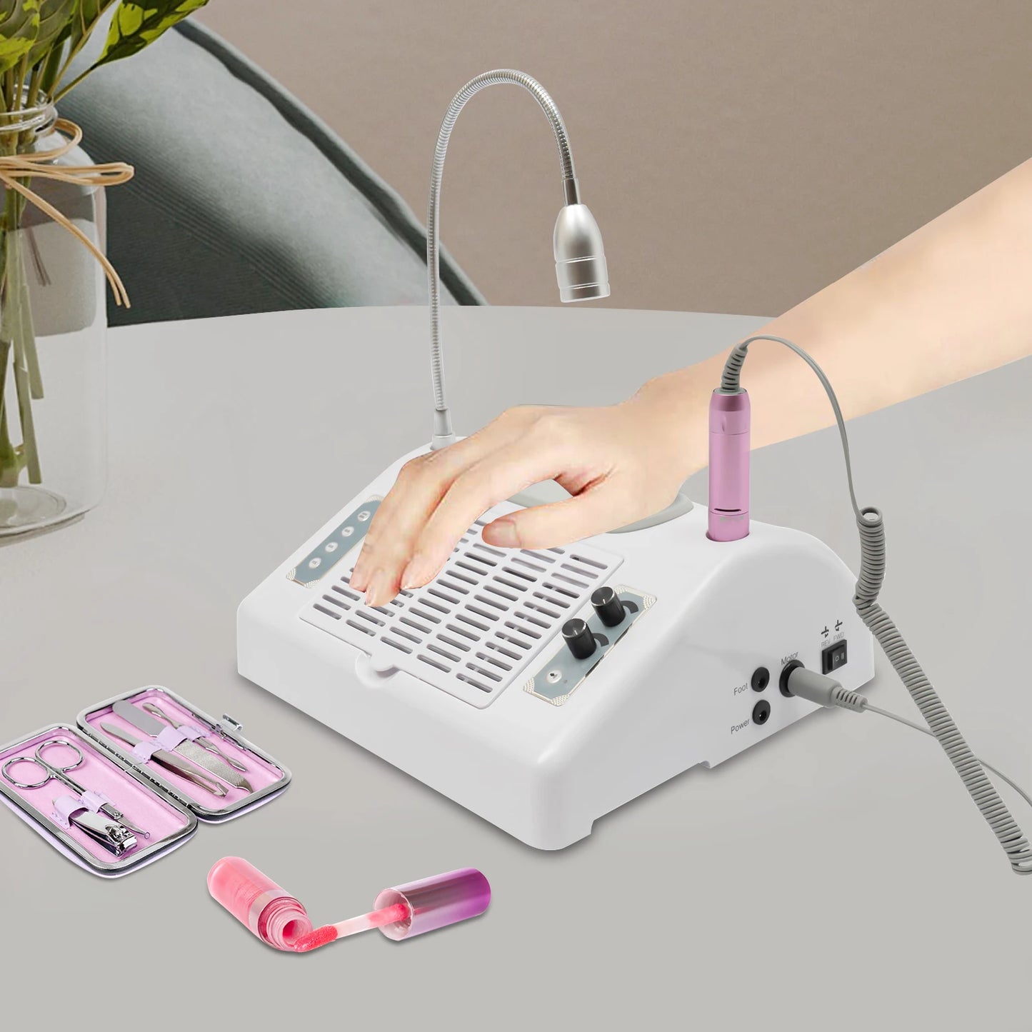 5-in-1 Professional Nail Drill Machine with Vacuum, LED Lamp, Dust Collector & Curing Light for Home Salon Manicure Pedicure