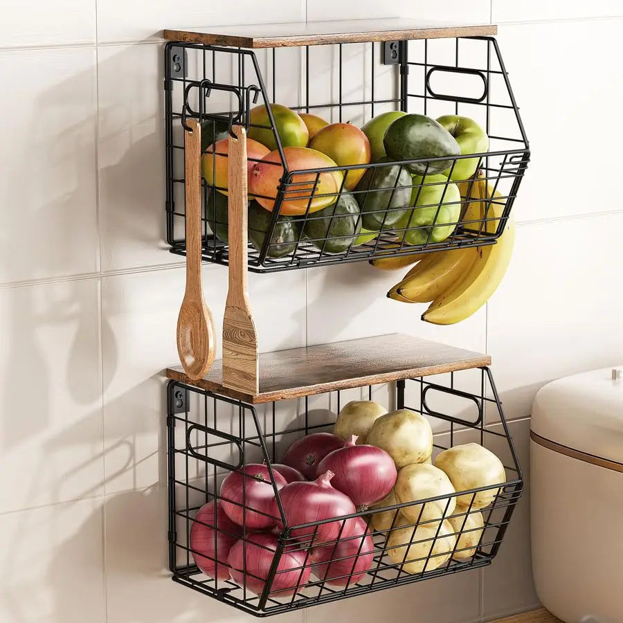Stackable Metal Fruit Basket With Wood Lid Wall Organizer