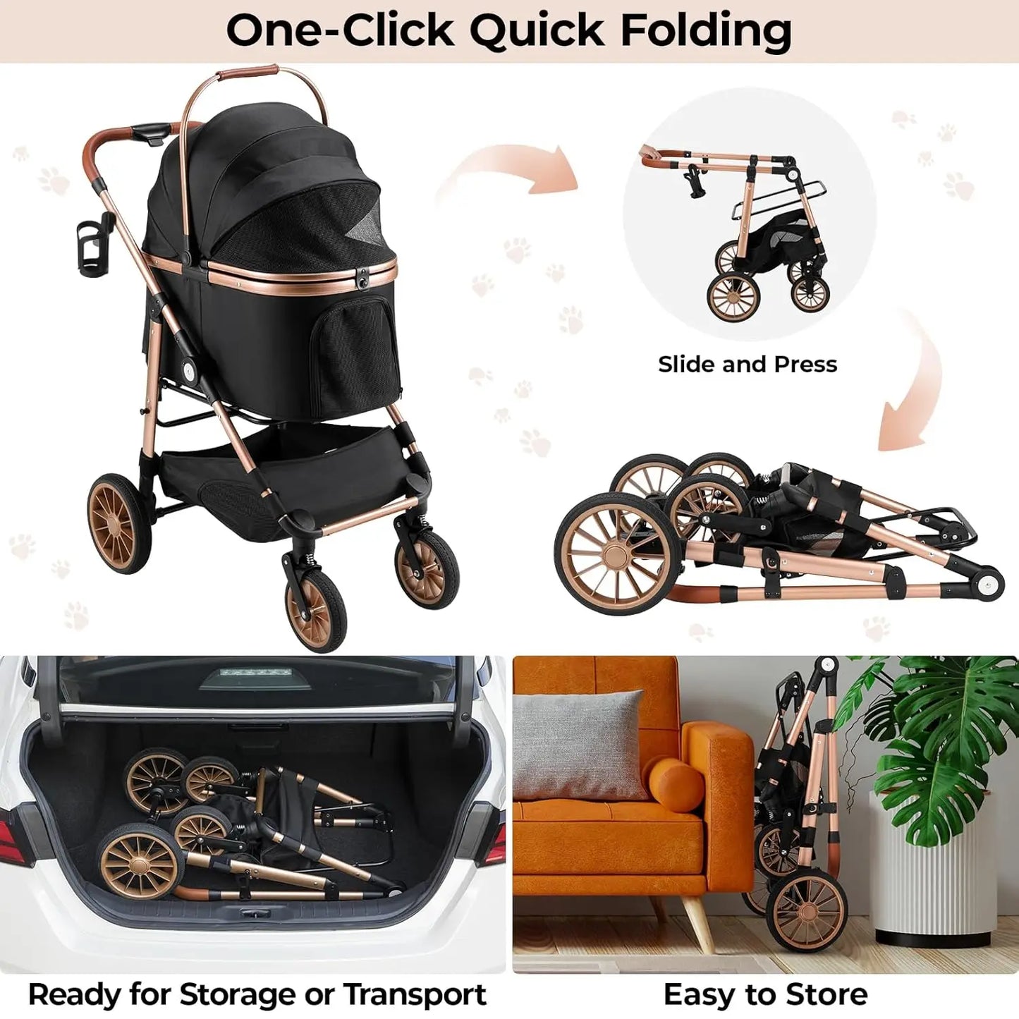 360 Degree Wheels Dog Stroller Foldable 2in1 For Pets