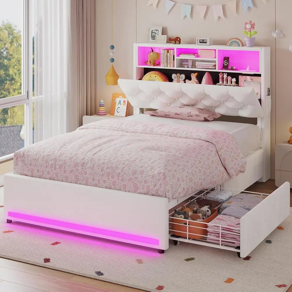 Velvet Upholstered Platform Bed With Bookcase For Kids