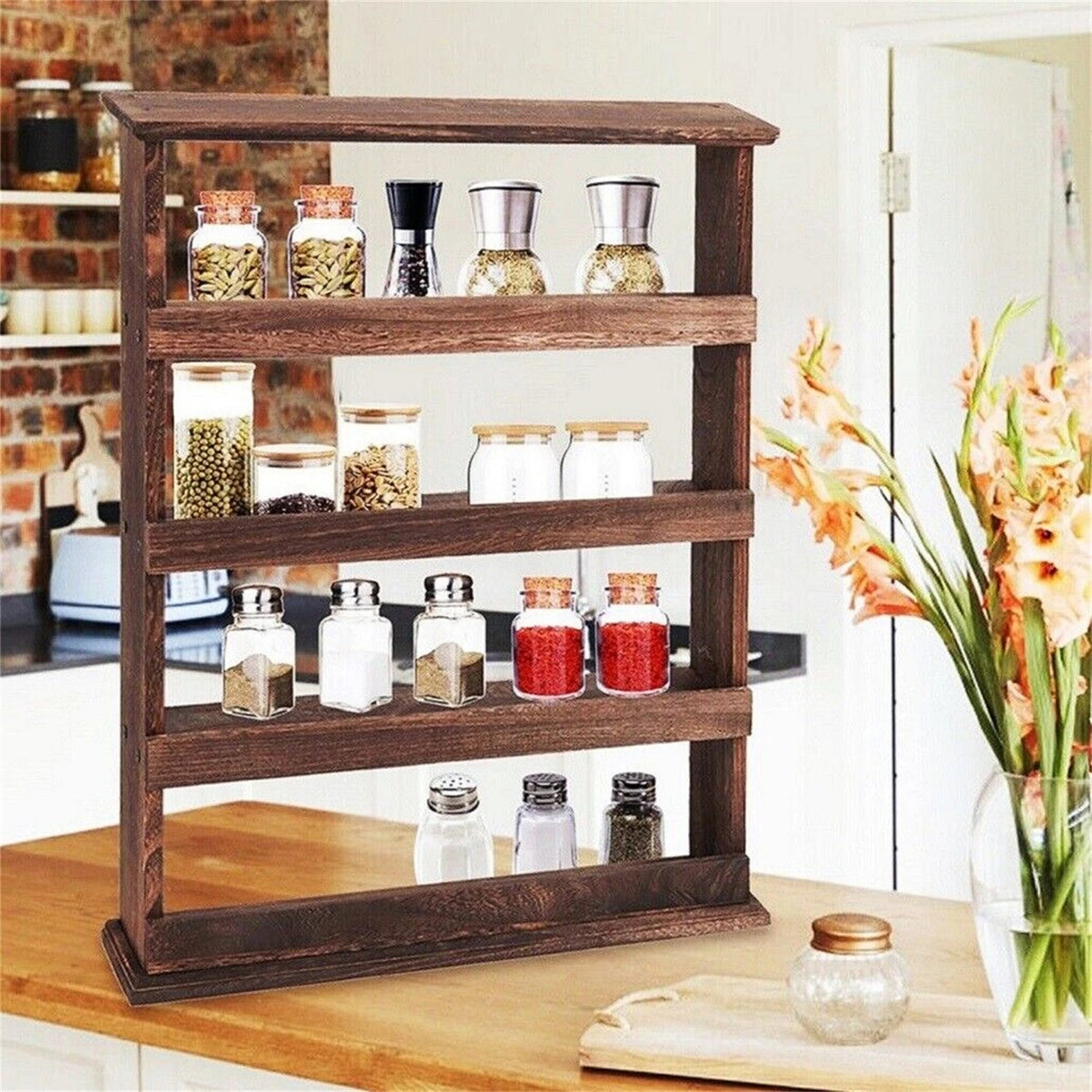 Rustic torched wood wall-mounted 4-tier spice rack with glass jars by S And B Enterprise