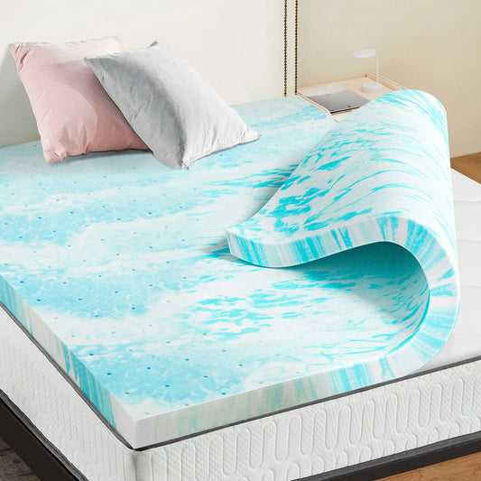 Gel memory foam mattress topper, full size, blue swirl pattern; cooling and breathable.