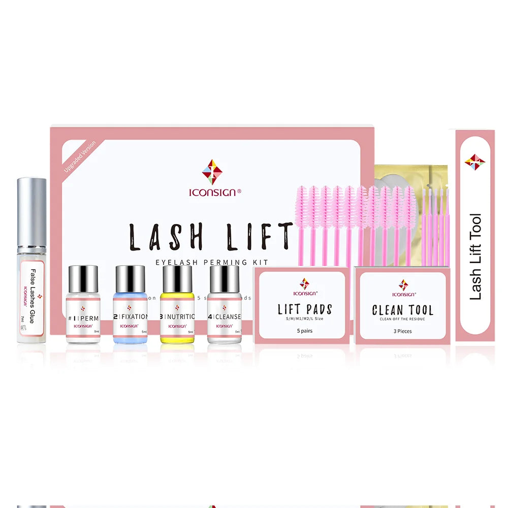 ICONSIGN Lash Lift Kit by S And B Enterprise; pink box with 5 bottles, lift pads and clean tool