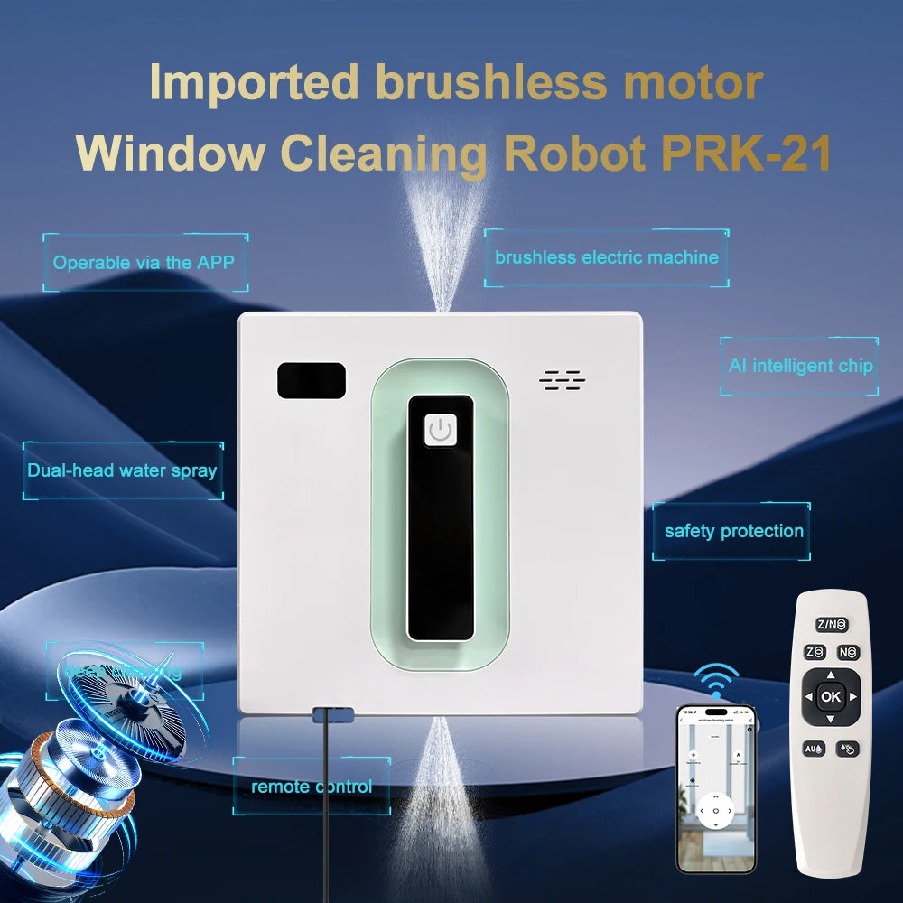 PuRuiKai window cleaning robot by S And B Enterprise; white body with green inset, app and remote control