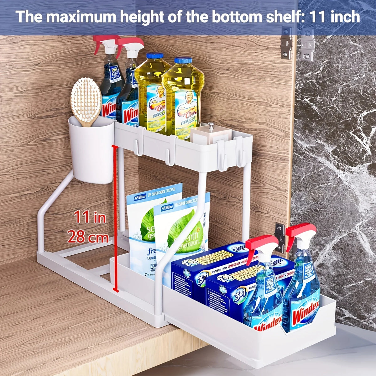 Space Saving 2-Tier Under Sink Organizer by S And B Enterprise; white pull-out storage box with large capacity
