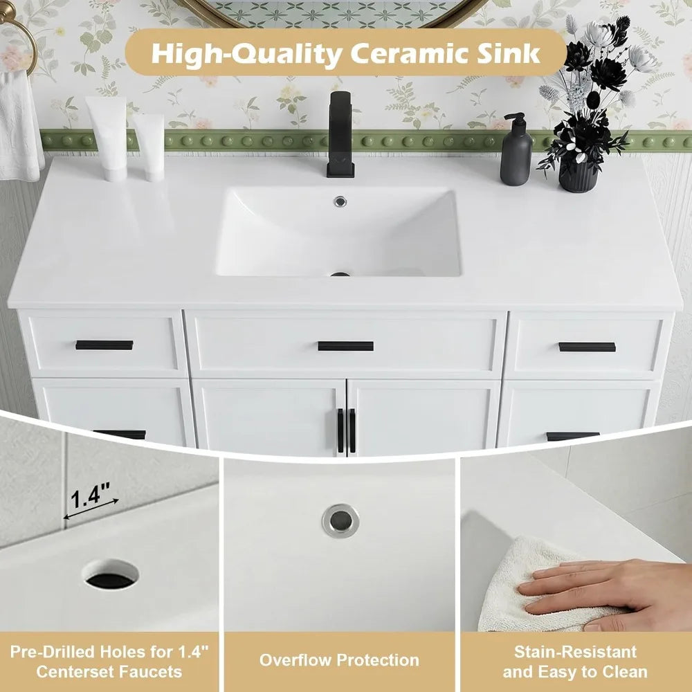 48" Bathroom Vanity with Sink, Farmhouse Cabinet, 2 Soft Close Doors & 6 Drawers, White by S And B Enterprise