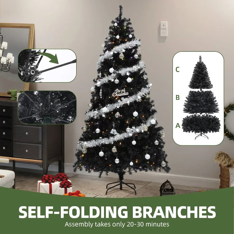 Uforic 6ft black pre-lit artificial pine Christmas tree with remote, 818 tips and 250 lights, self-folding branches