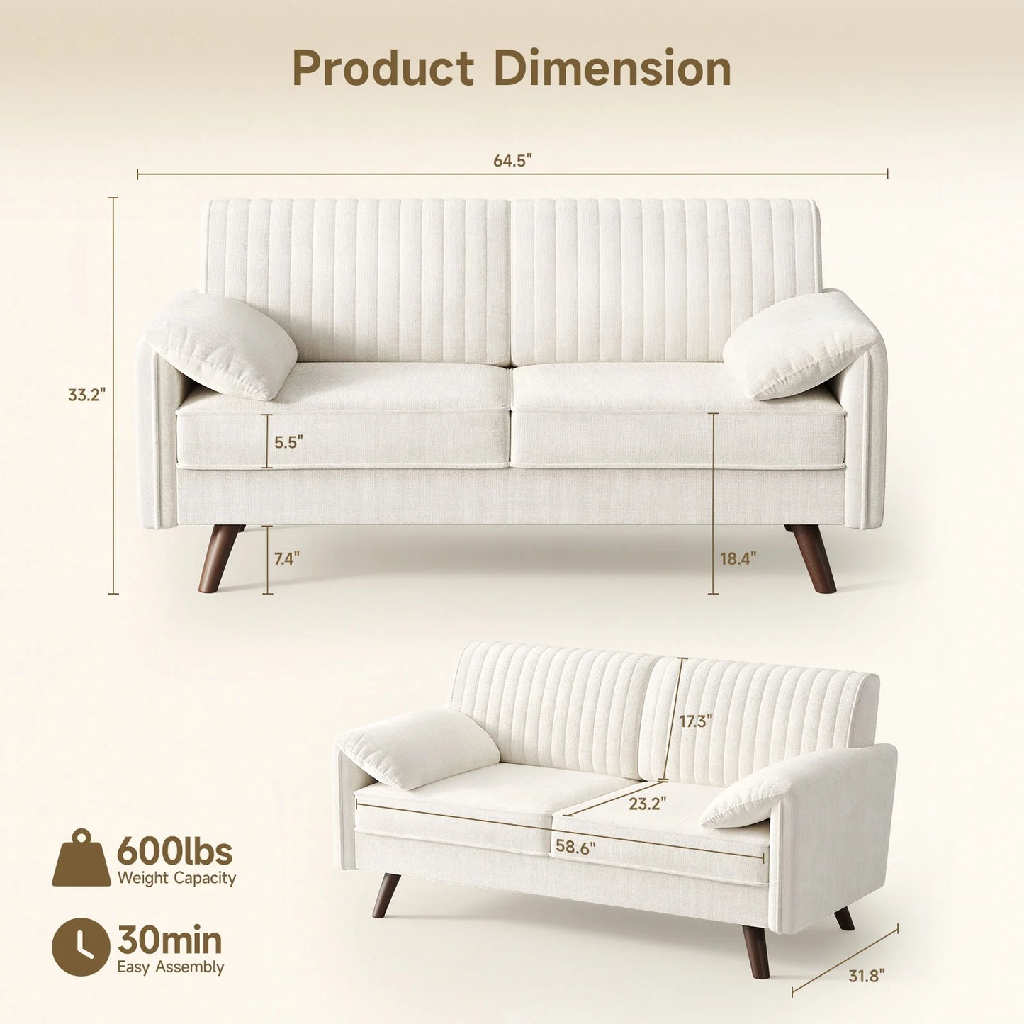 Chenille Loveseat Sofa For Small Spaces Deep Seat Comfort