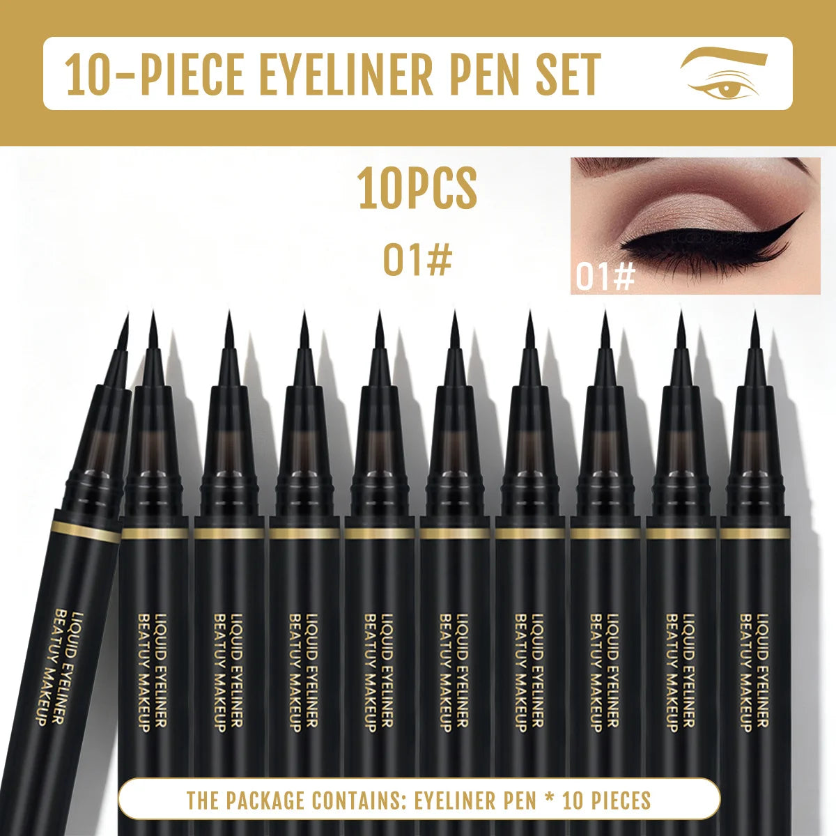 Eyeliner pen set by S And B Enterprise, 10-piece black liquid eyeliner with precision slim tips