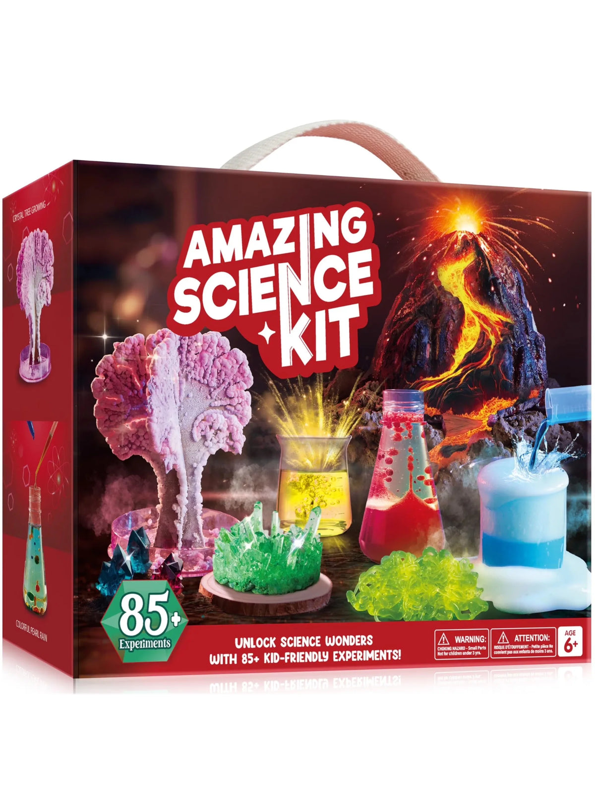 Amazing Science Kit by S And B Enterprise; red packaging with volcano eruption and colorful beakers, 85+ experiments