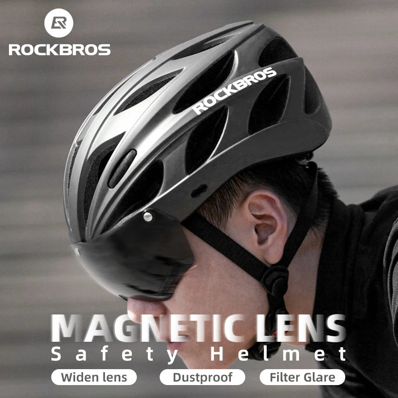 RockBros bike helmet, grey/black, breathable EPS with integrated magnetic lens visor.