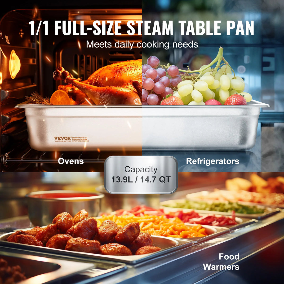 VEVOR stainless steel 1/1 full-size steam table pan on a buffet with food display
