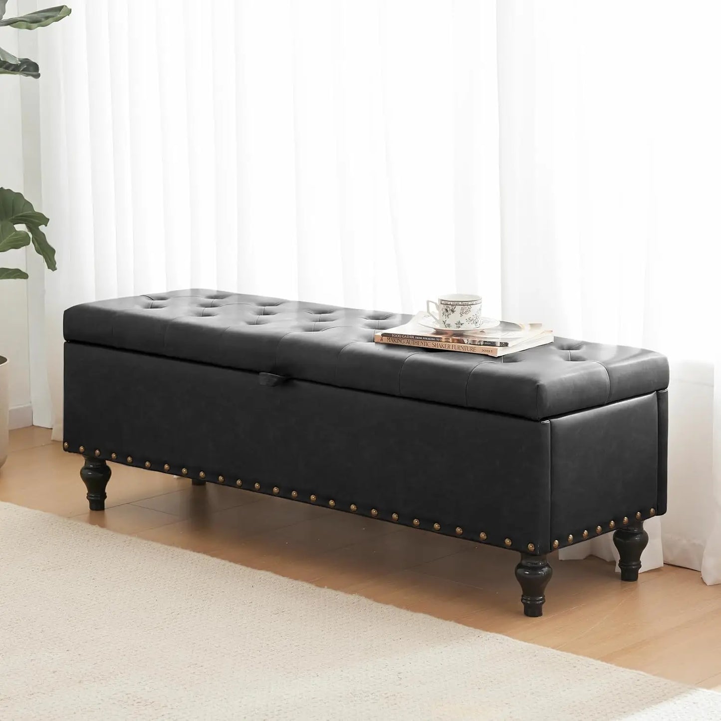 Tufted Storage Ottoman Bench With Linen Top For Living Room