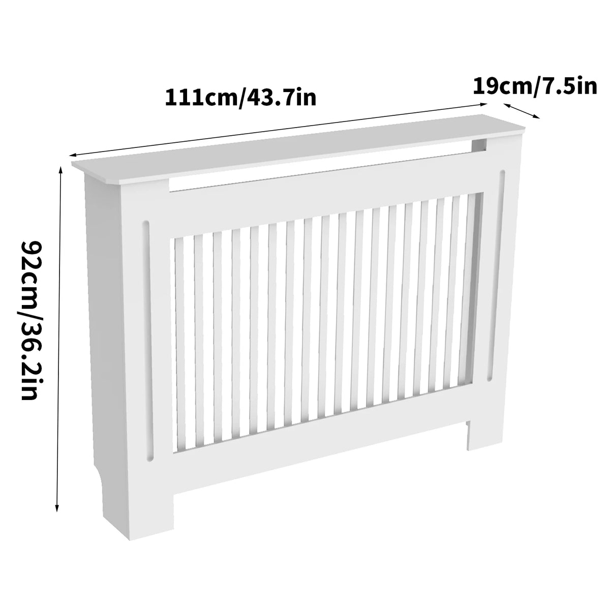 White MDF radiator cover with vertical slats by S And B Enterprise, 111 cm long, 96 cm tall, 19 cm deep.