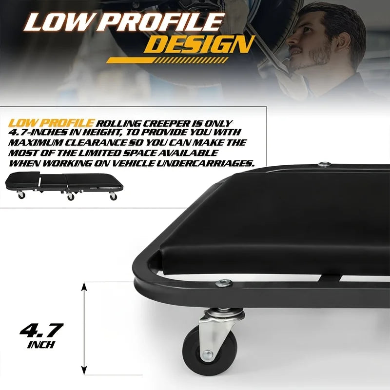2-in-1 mechanic creeper seat on rolling wheels; black heavy-duty garage stool with 330 lb capacity and thick cushion.