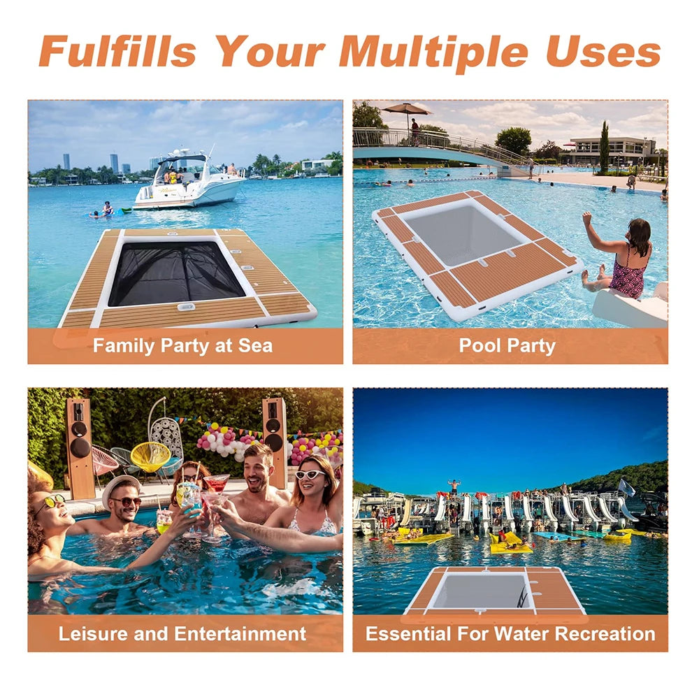 Inflatable dock by S And B Enterprise, 13x10ft with wood deck; sea pool collage shows four uses.