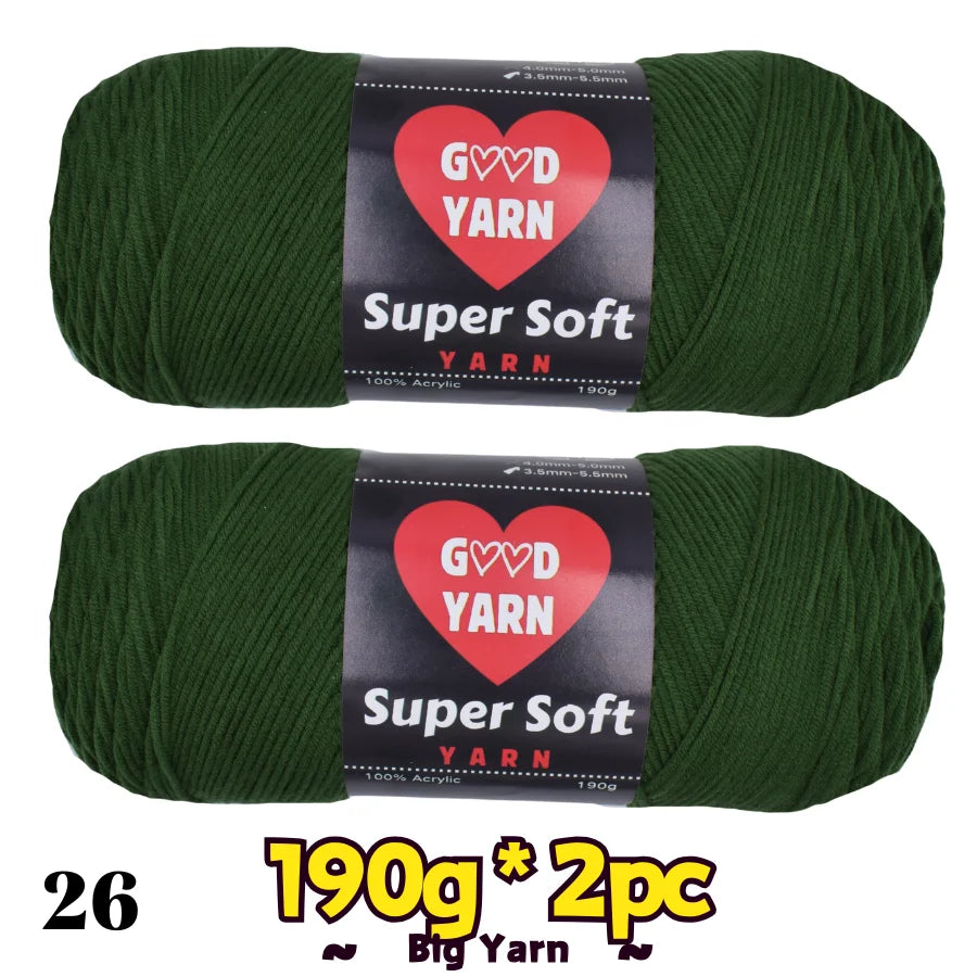 Good Yarn velvet yarn by S And B Enterprise; green, 100% acrylic, soft thick crochet yarn, 2 x 190g skeins