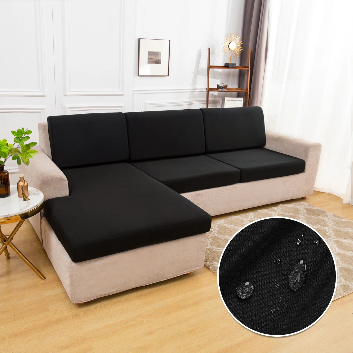 Waterproof sofa cushion covers; black non-slip silky fabric for living room sofas, close-up shows water droplets