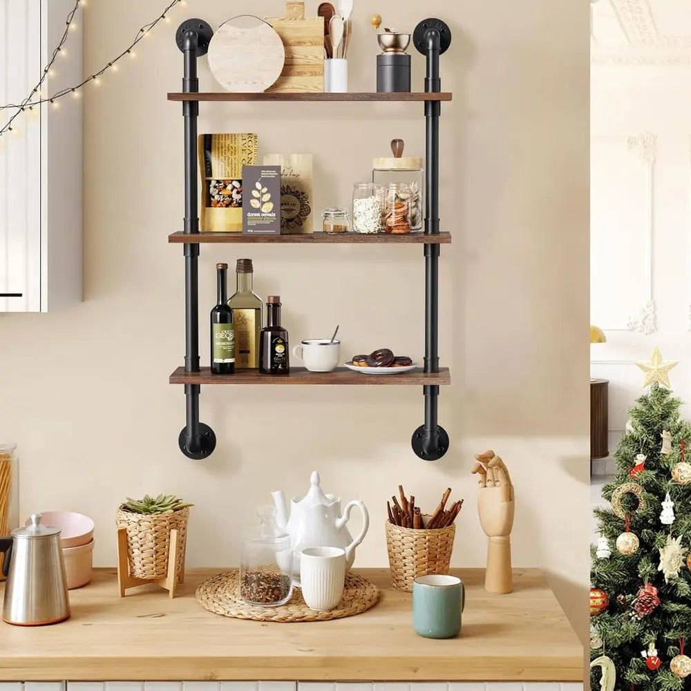 24 Industrial Floating Shelves, Pipe Shelves or Wall, 3 Tier Rustic Wood Wall Shelves or Home Decor, Bedroom, Living Room, Bathr