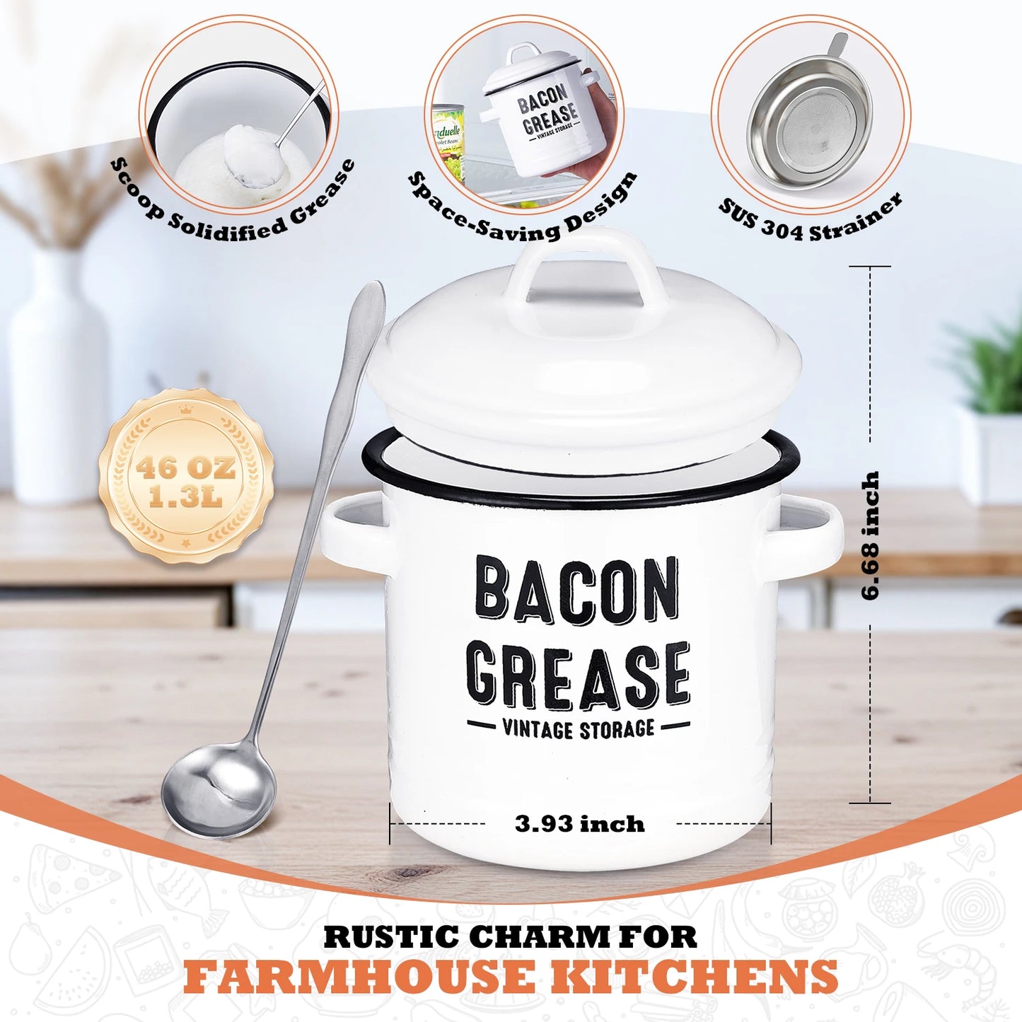 Bacon Grease Container With Strainer Food Saver Bin