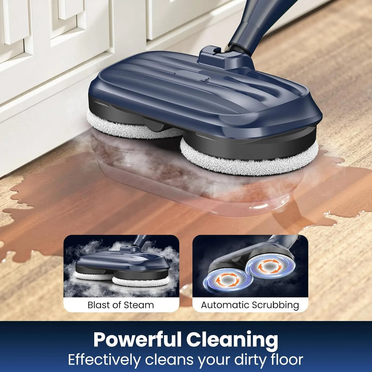 VM6 Steam Mop Cleaner with rotating dual pads in a dark blue body, powerful floor steamer for hardwood and tile.