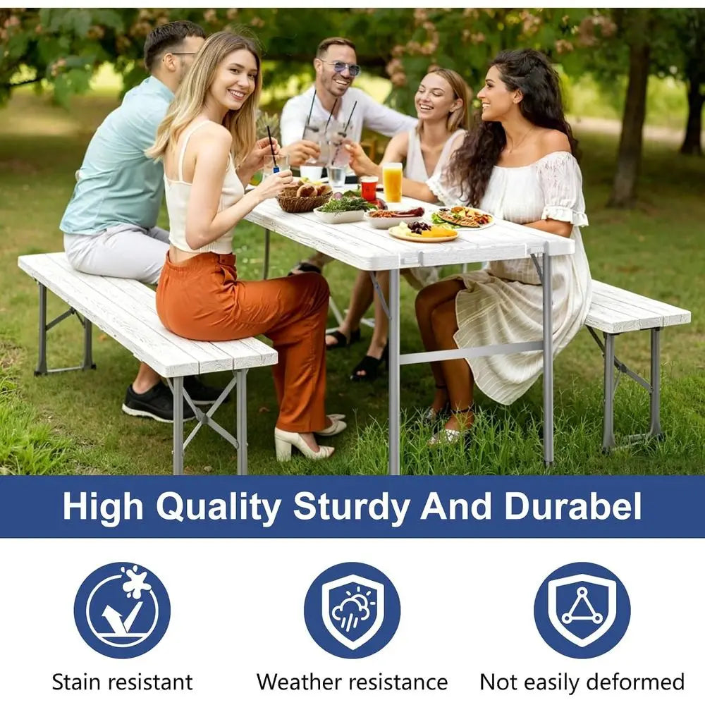 White 6-Piece Outdoor Folding Table and Bench Set by S And B Enterprise for picnics, camping, and gatherings.