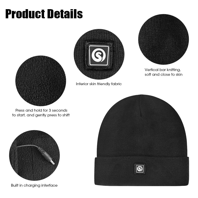 SNOW DEER rechargeable heated beanie by S And B Enterprise, black knit hat with built-in charging interface