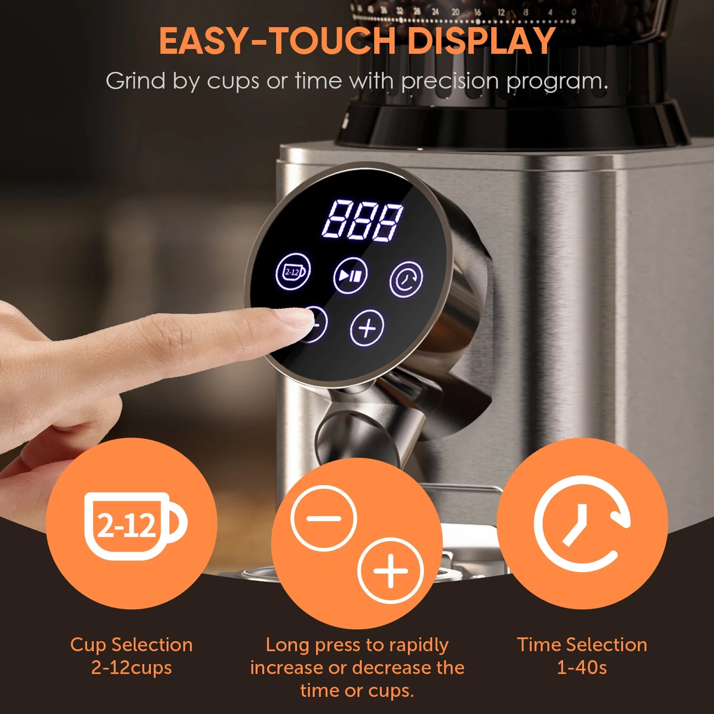 BioloMix electric conical burr coffee grinder with stainless steel body and round touchscreen control panel