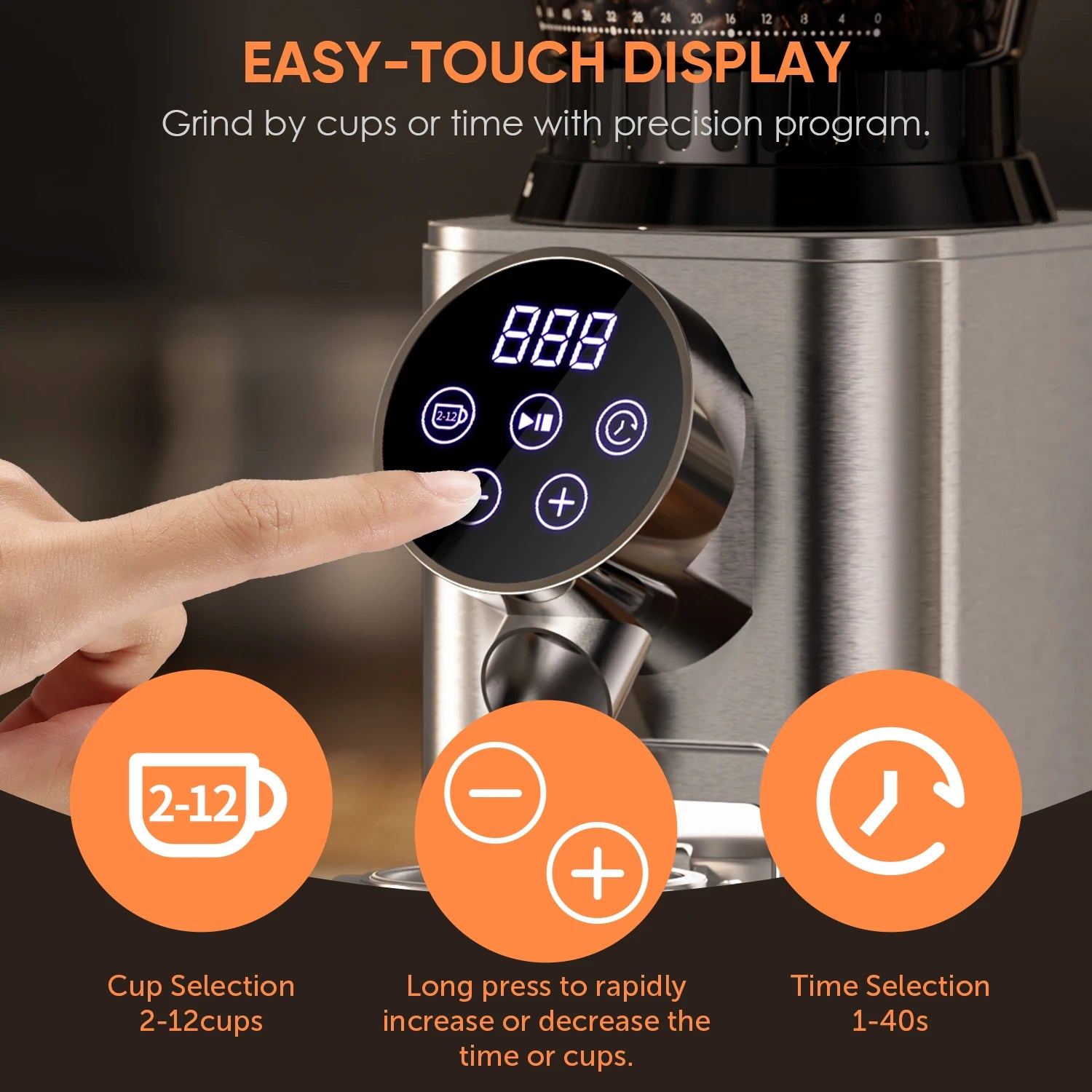 BioloMix electric conical burr coffee grinder with stainless steel body and round touchscreen control panel