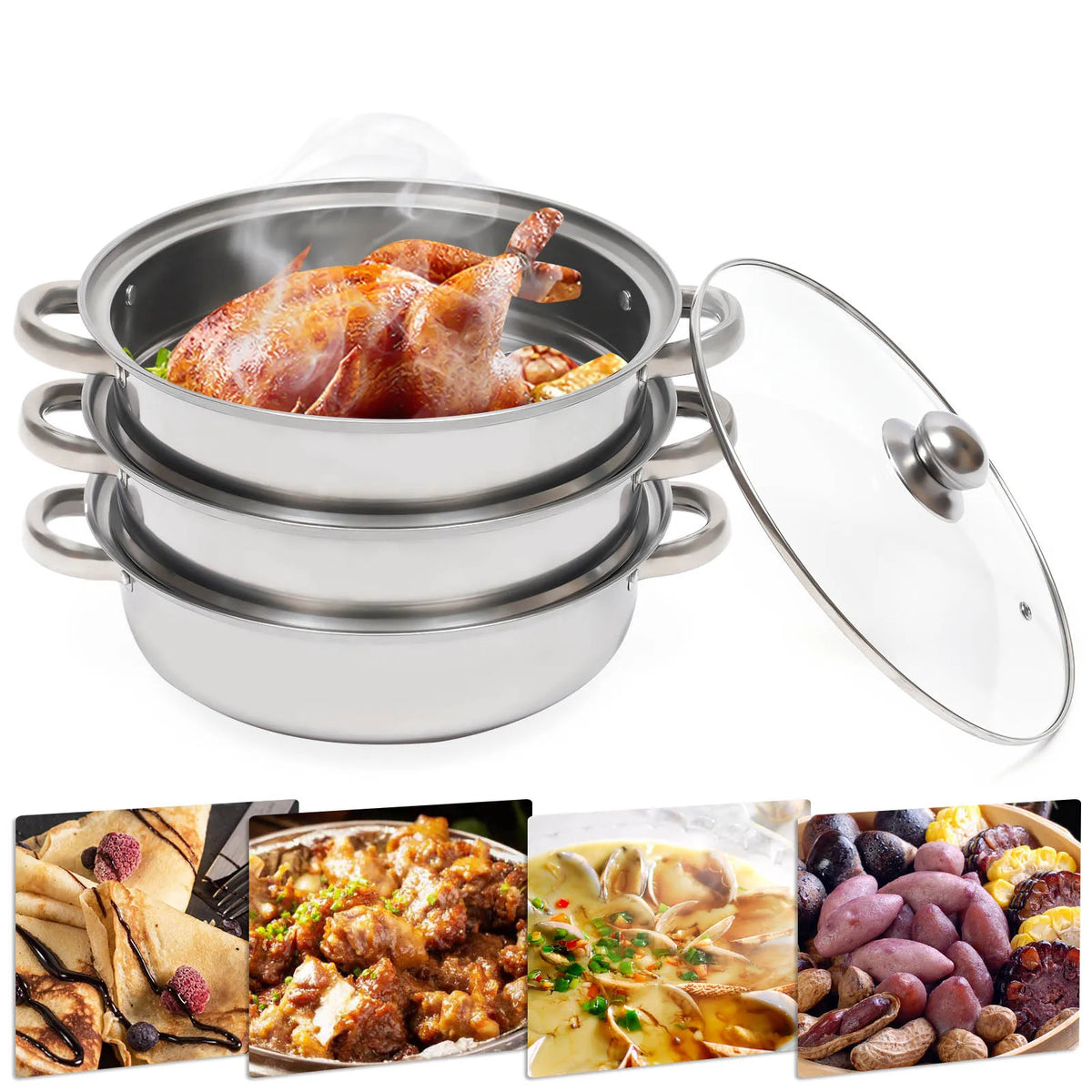 3-tier stainless steel steamer set with glass lid, 28 cm, overlapping pots
