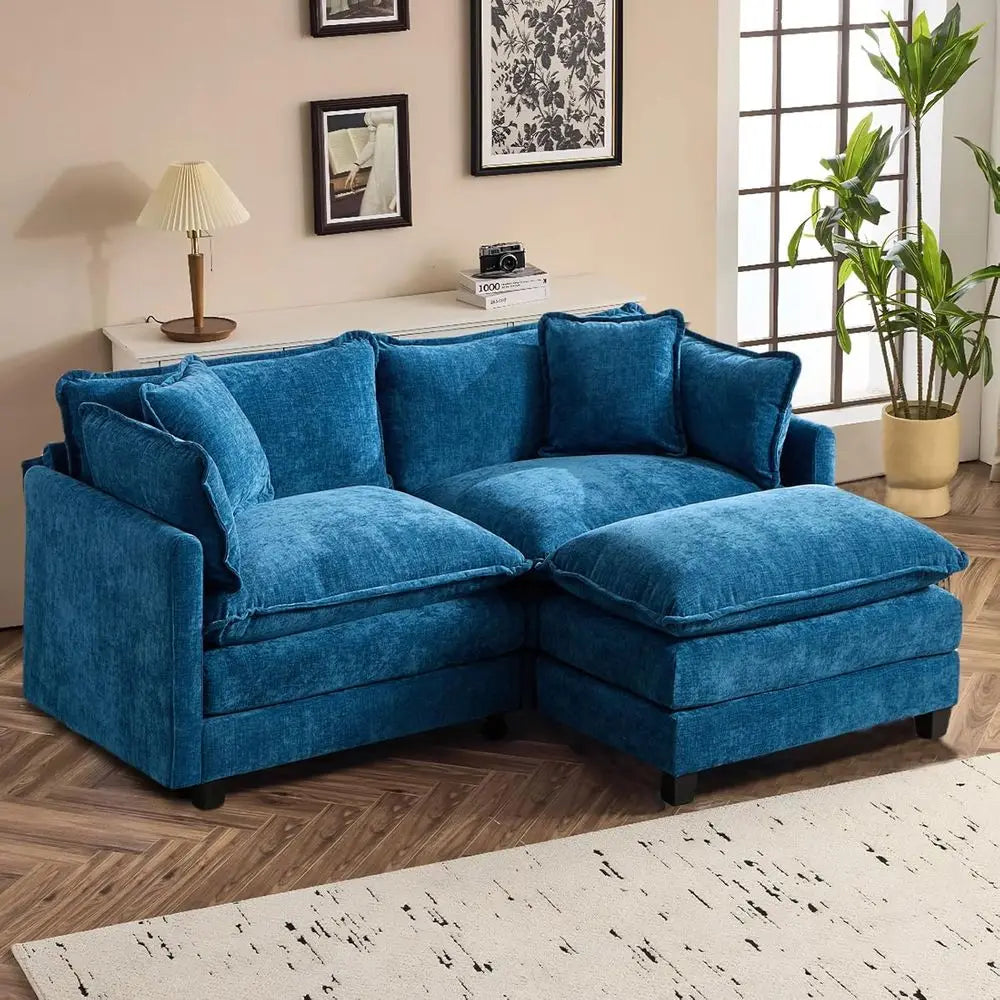 Luxe 77.95 L-Shaped Comfortable Sectional Sofa with Ottoman, 2-Seat Deep Seating Living Room Set, Blue by S And B Enterprise